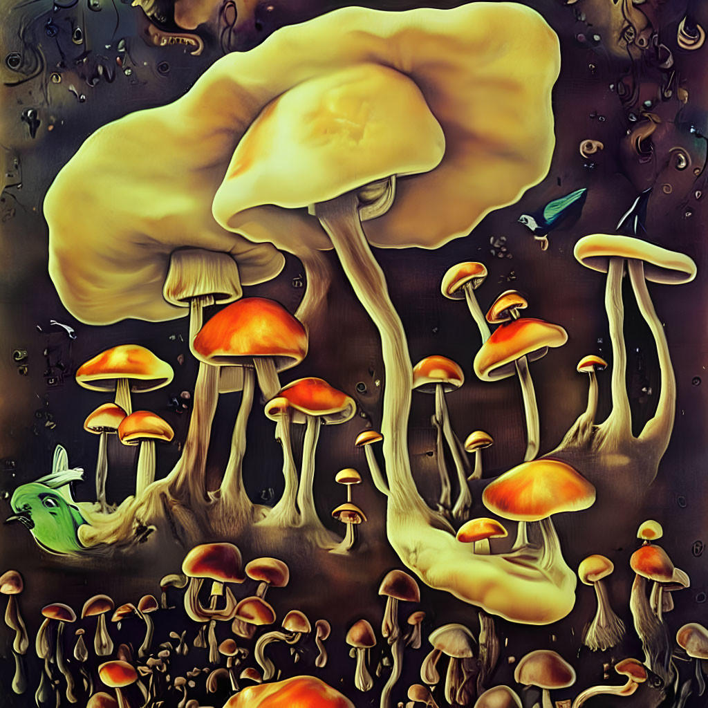 Surreal artwork: Oversized mushrooms, luminous fish, amber hues.