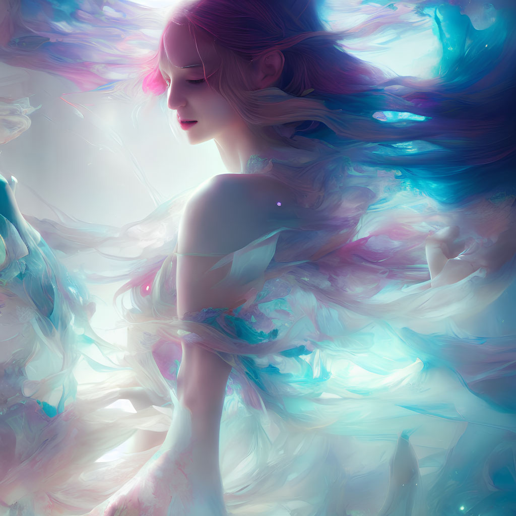 Colorful surreal portrait of a woman with flowing hair in billowing smoke-like garments on pastel background