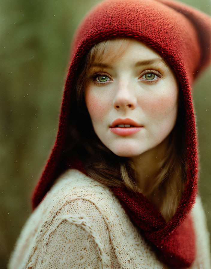 Woman in Red Hood and Beige Sweater in Soft-focus Natural Setting