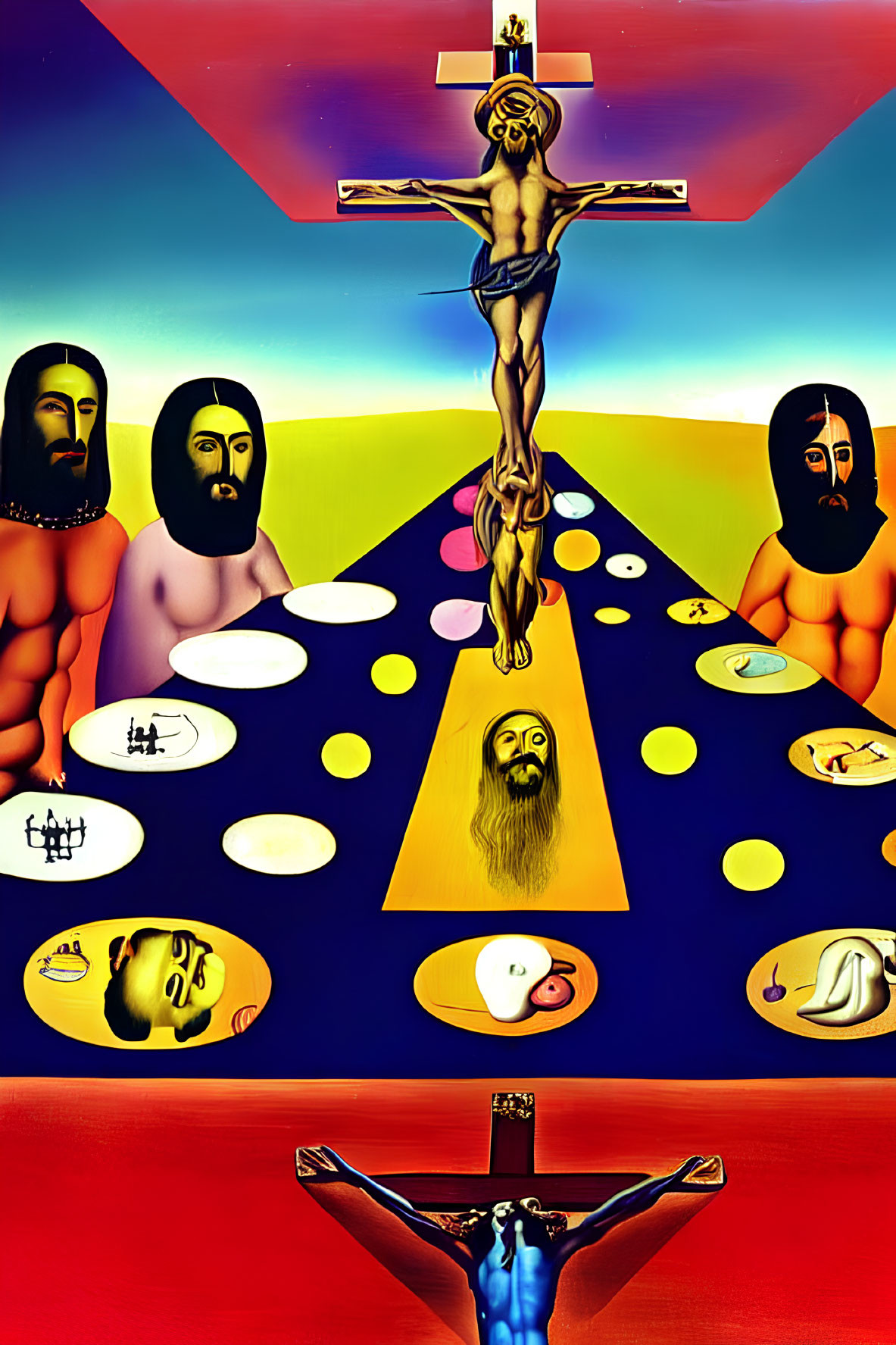 Surreal Crucifixion Scene with Stylized Figures and Symbolic Items