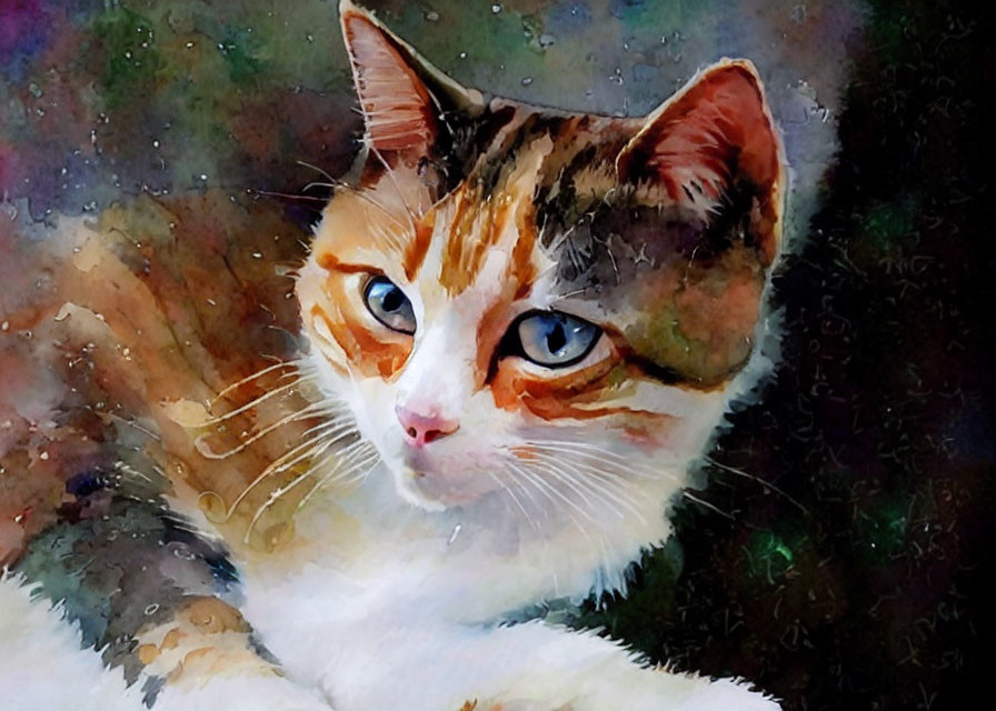 Calico Cat Watercolor Painting with Blue Eyes on Dark Background
