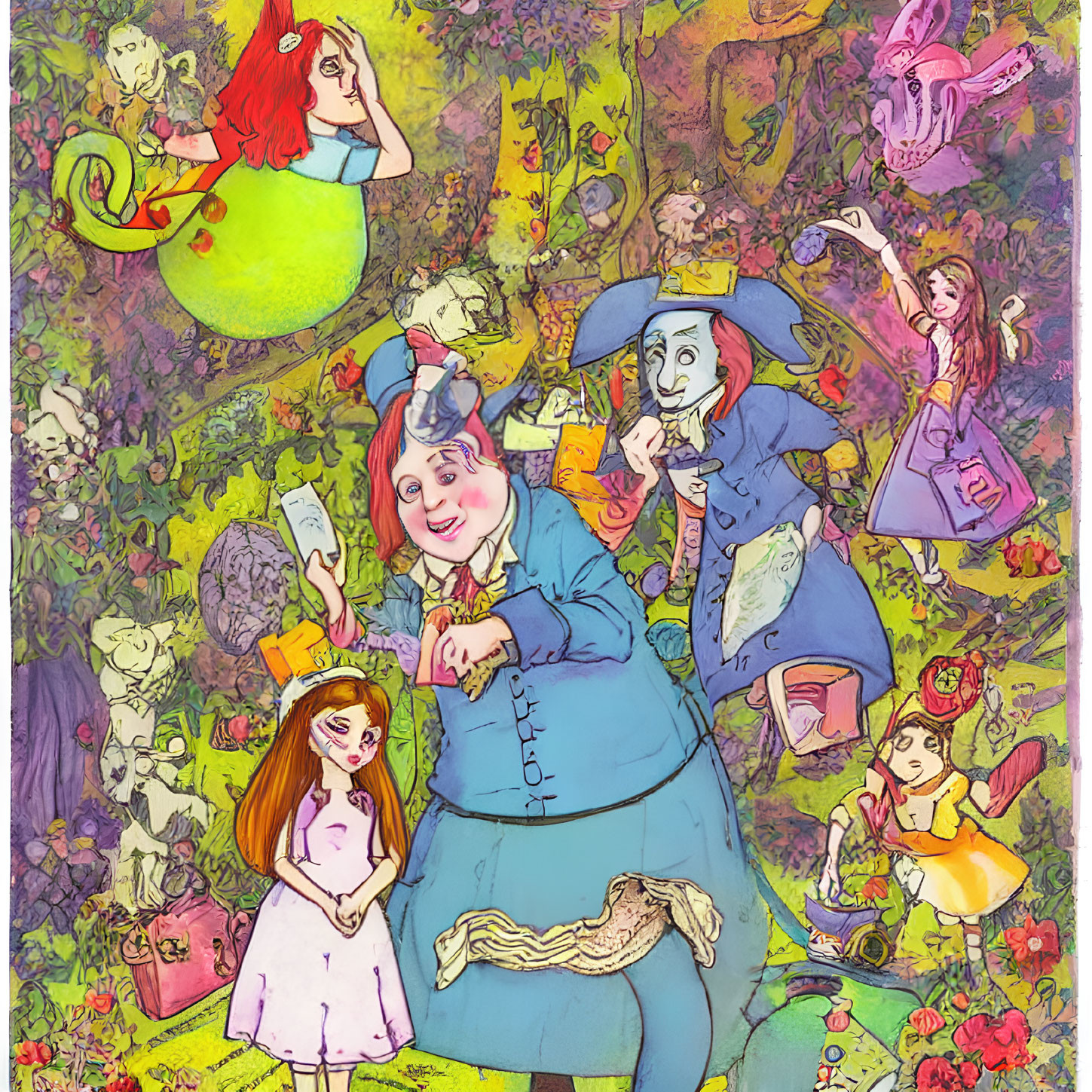 Whimsical Alice in Wonderland characters in colorful illustration