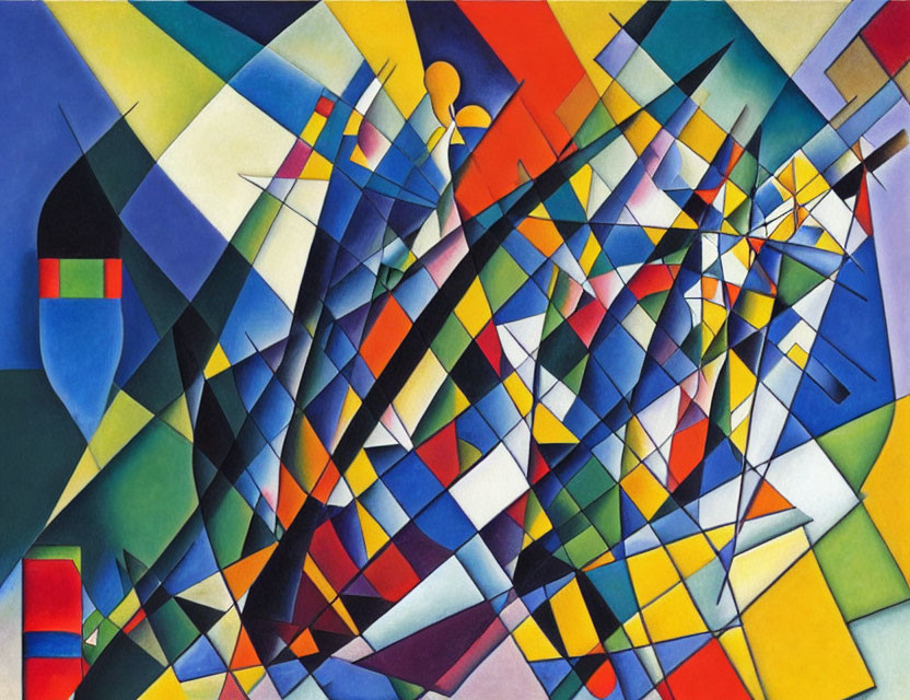 Colorful Abstract Geometric Painting with Intersecting Lines and Shapes