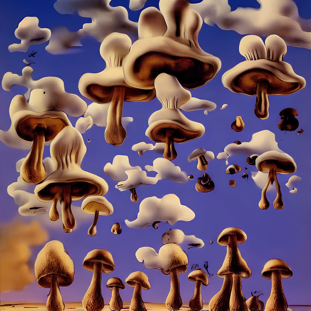 Surrealistic painting: Mushroom-shaped clouds in desert with distant bird