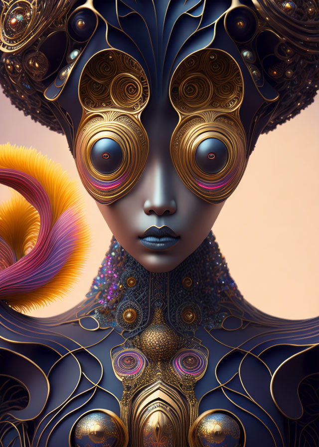 Colorful humanoid figure with exaggerated eyes and ornate headpiece in surreal baroque style