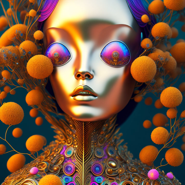 Surreal digital artwork: humanoid figure with oversized iridescent eyes, orange flora, vibrant feathers