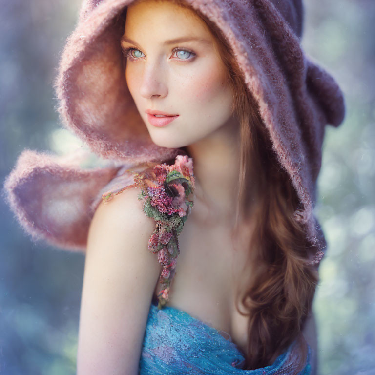 Blue-eyed woman in red hair and floral attire gazes softly in nature.
