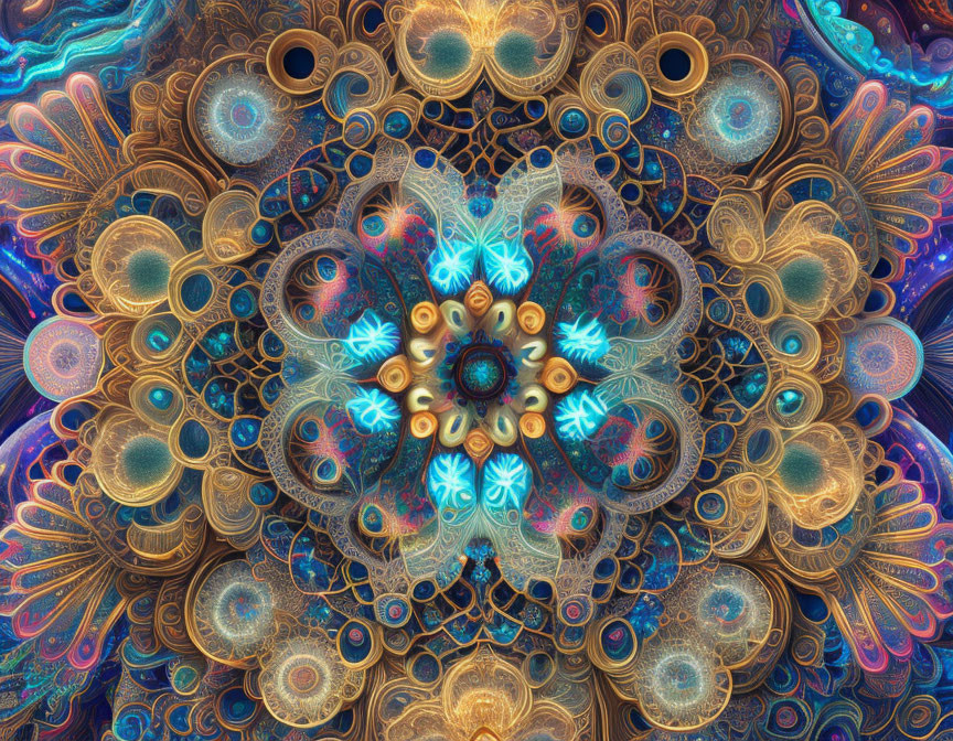 Symmetrical fractal image: Vibrant colors, complex patterns