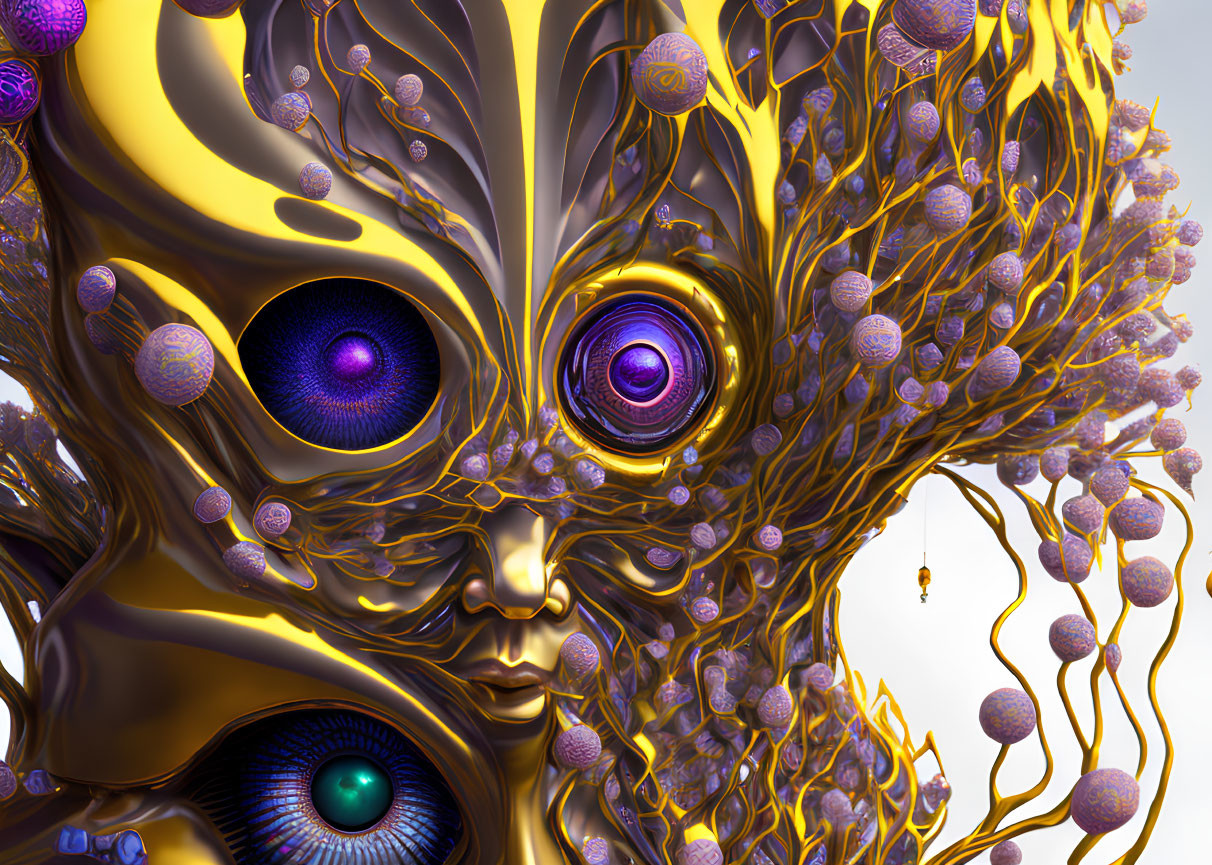 Vibrant digital artwork: surreal face with multiple eyes and fractal tree structures