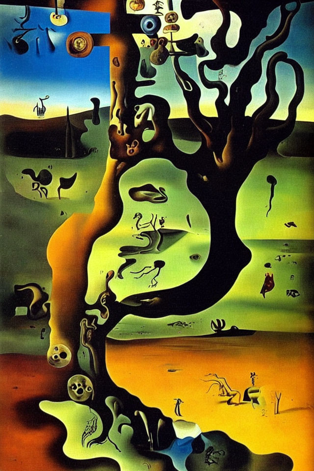Surrealist painting with melting tree, anthropomorphic figures, and floating orbs