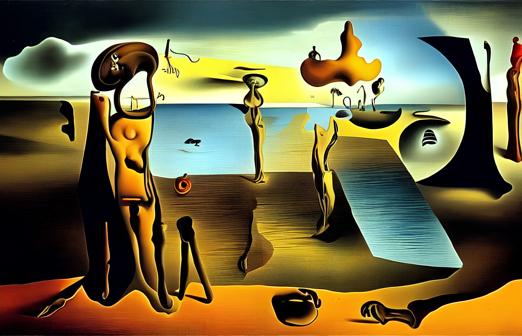 Surreal landscape with distorted figures and melting clocks