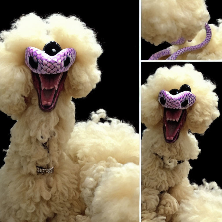 White poodle with purple snake toy in mouth, playful snarl