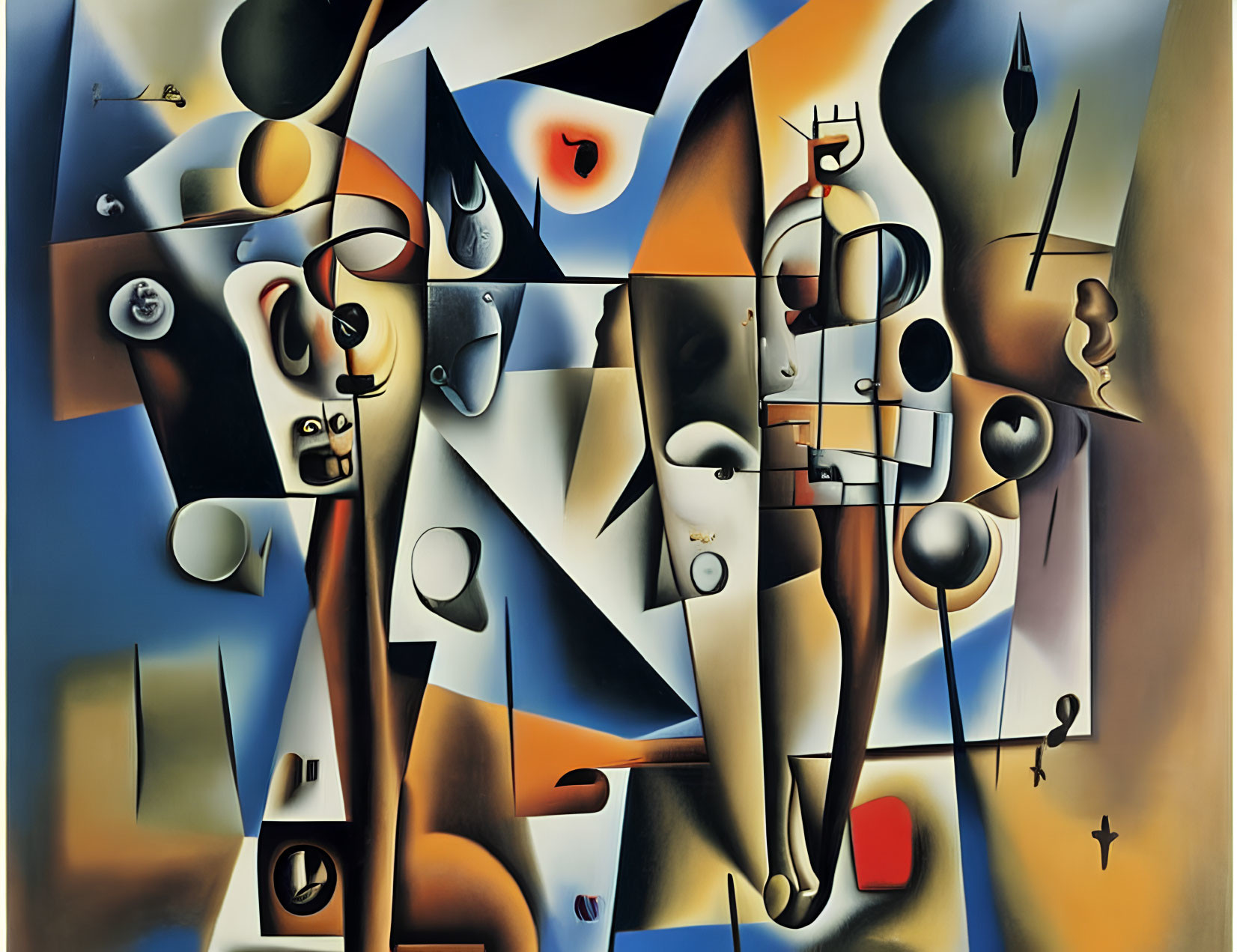 Abstract Surrealist Painting with Geometric Shapes and Distorted Figures