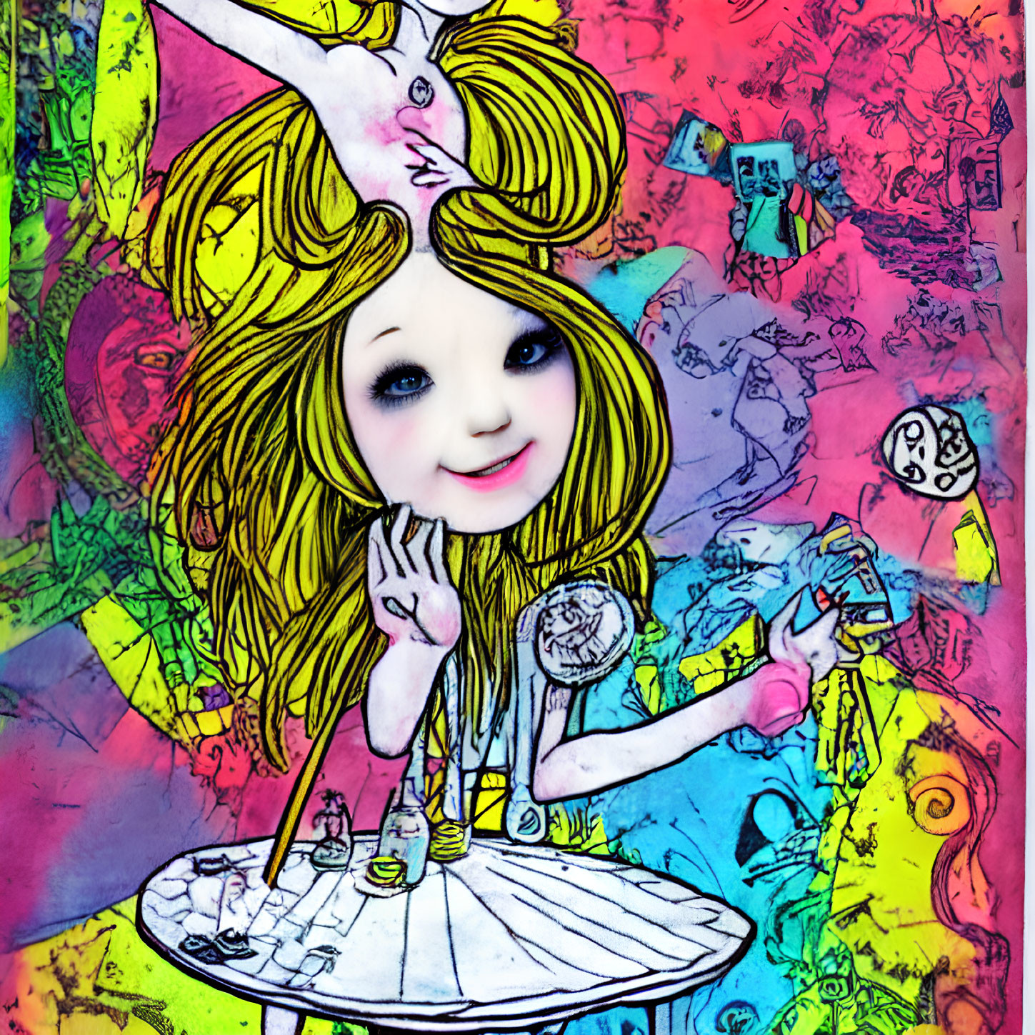 Colorful Surreal Illustration of Caricatured Girl with Abstract Elements