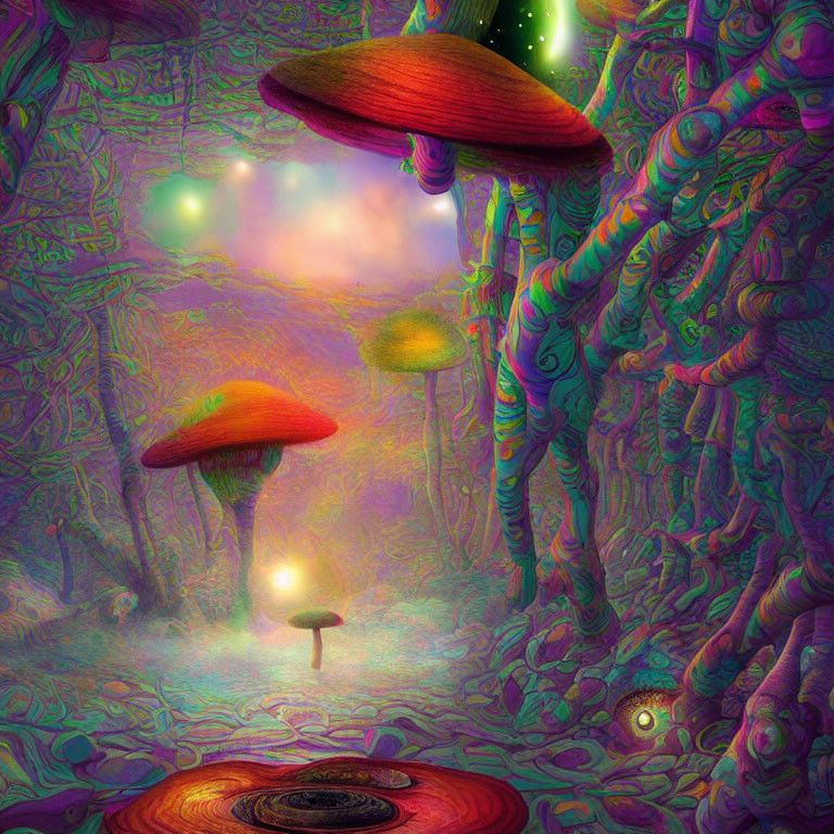 Colorful Psychedelic Forest with Oversized Mushrooms and Swirling Vortex