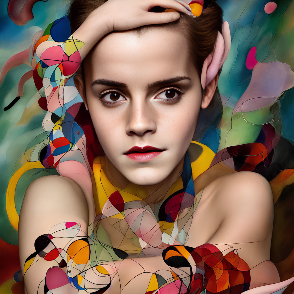 Prominent eyebrows and red lips in vibrant, abstract setting