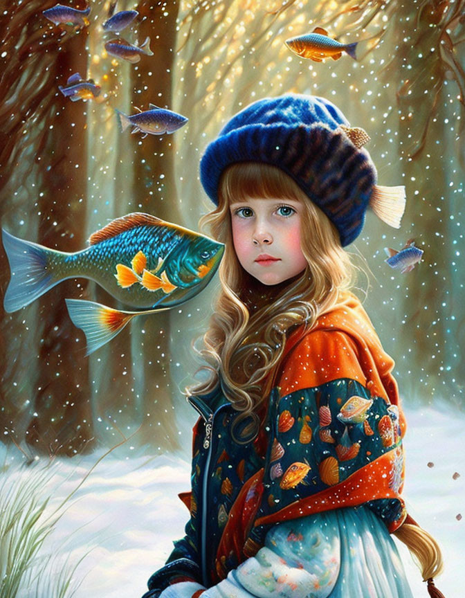 Young girl with wavy hair in blue hat in snowy forest with floating fish