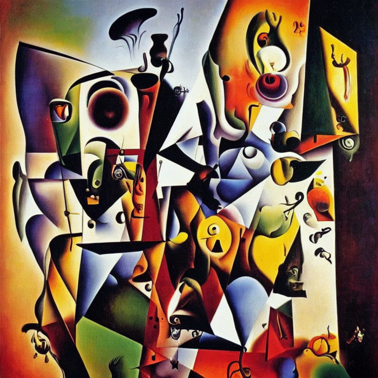 Colorful Abstract Cubist Style Painting with Surreal Figures and Vibrant Palette