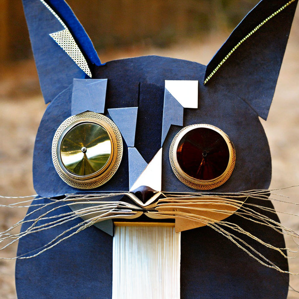 Cardboard Cat Mask with Metallic Eyes and String Whiskers