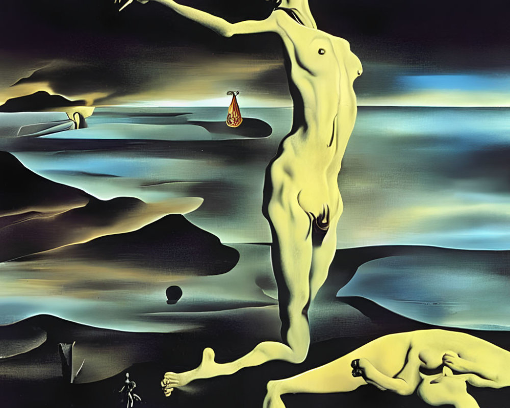 Surreal painting of nude figure with hourglass in dreamlike landscape