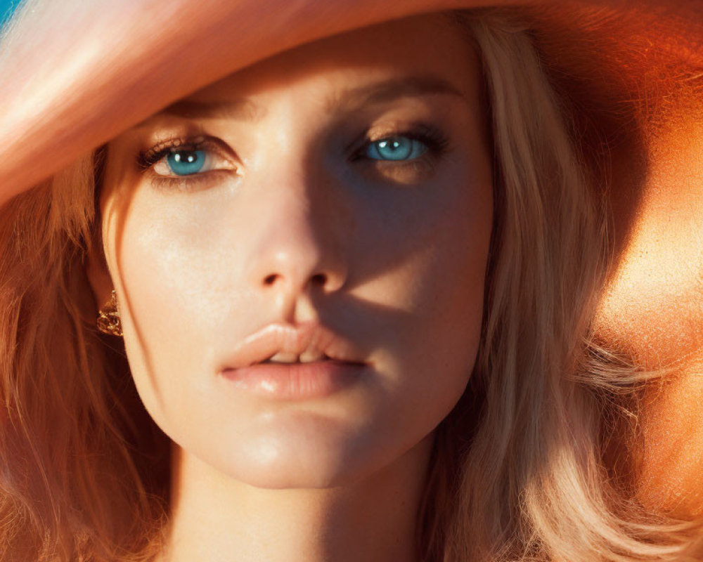 Blonde woman with blue eyes in soft-focus sunlight