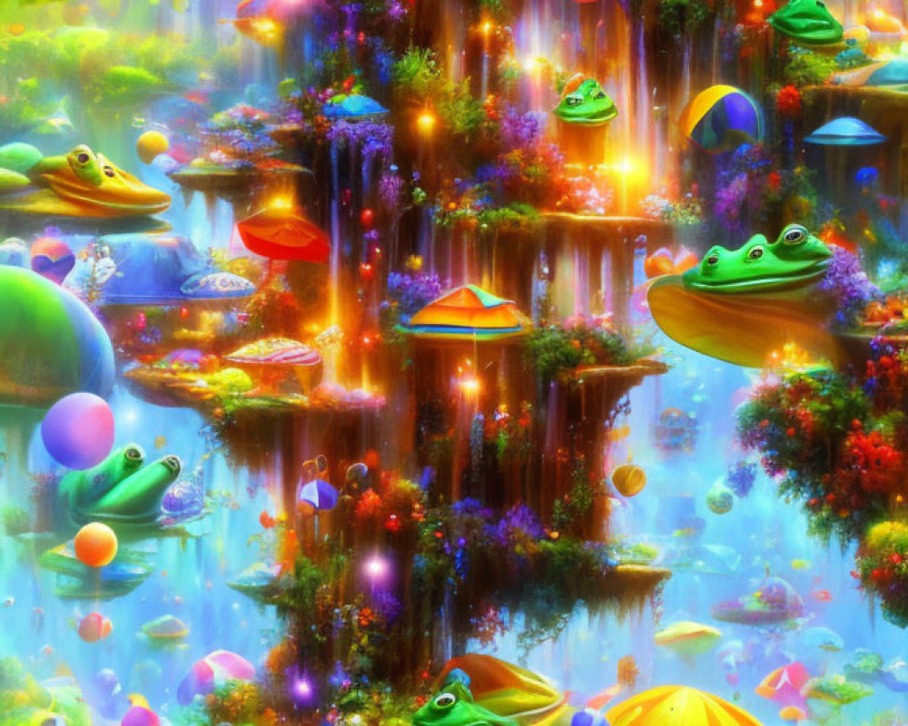 Fantasy landscape with whimsical frogs, glowing waterfalls, lush vegetation