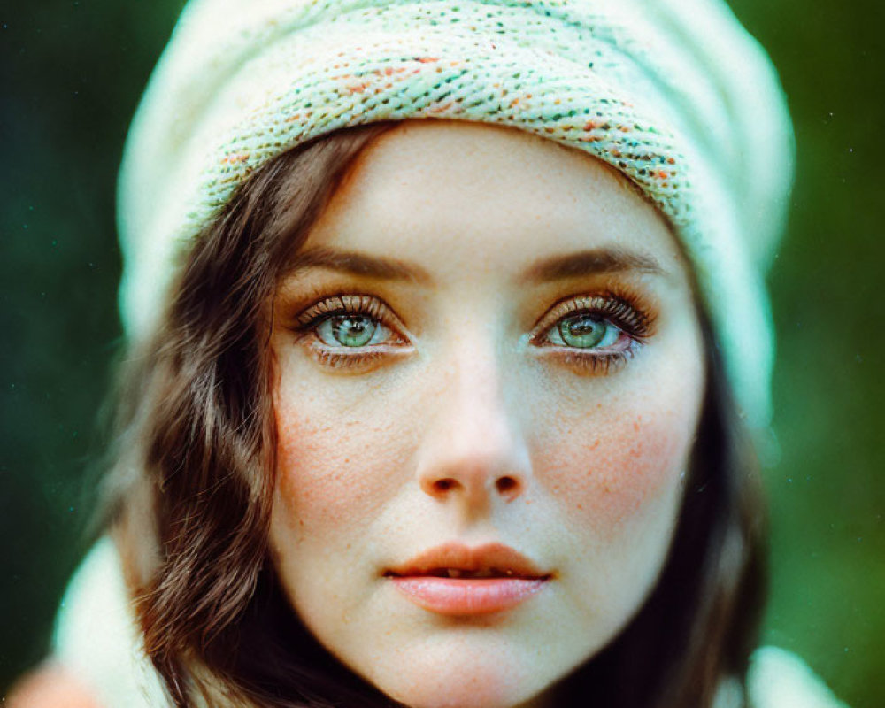 Woman with Green Eyes and Freckles in White Knitted Hat and Orange Scarf