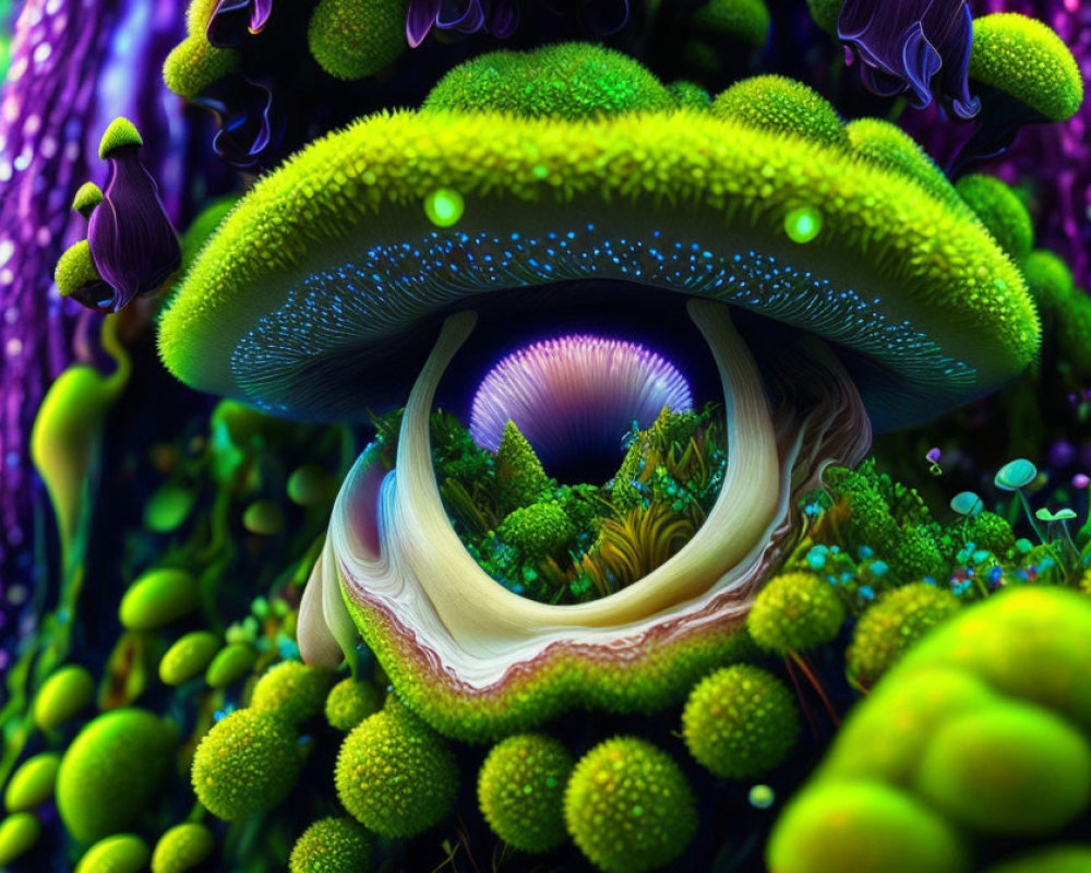 Colorful Surreal Mushroom Structure with Glowing Elements and Portal surrounded by Fantastical Foliage