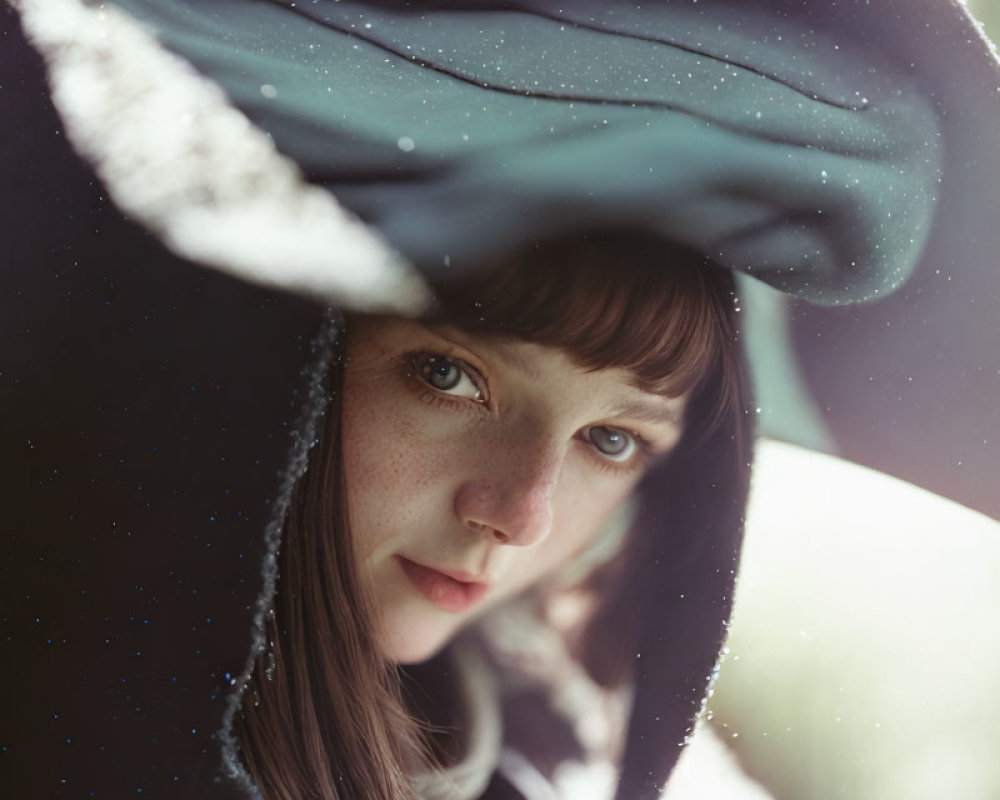 Person with Bangs and Freckles Under Snow-Dusted Hood gazes dreamily.