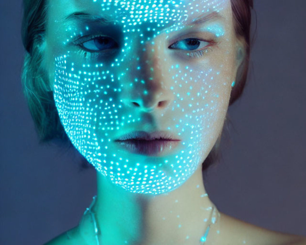 Woman with Dot Pattern Projection on Face and Neck in Ethereal Glow