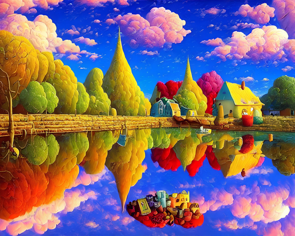 Vibrant, stylized landscape with colorful trees, whimsical houses, reflective lake
