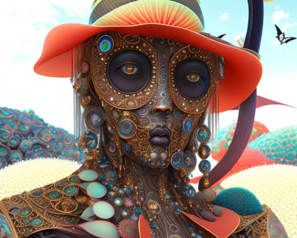 Surreal digital art: figure with mechanical features, ornate patterns, wide-brimmed hat