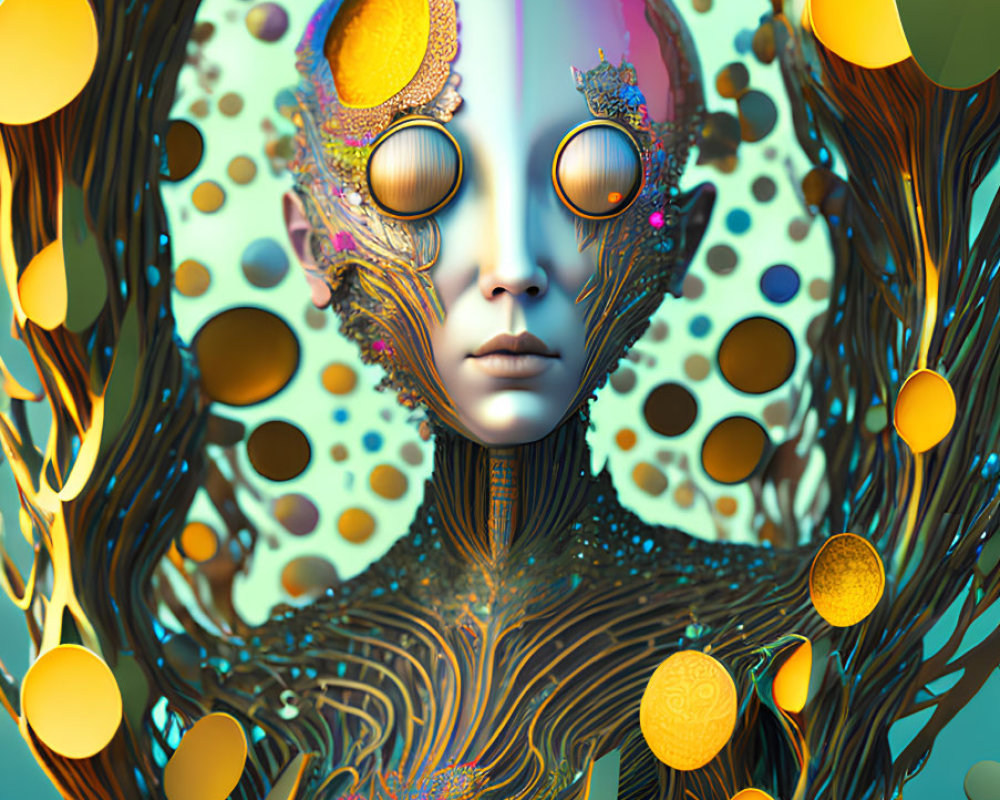 Surreal Human-Like Figure with Tree-Like Features and Circular Voids