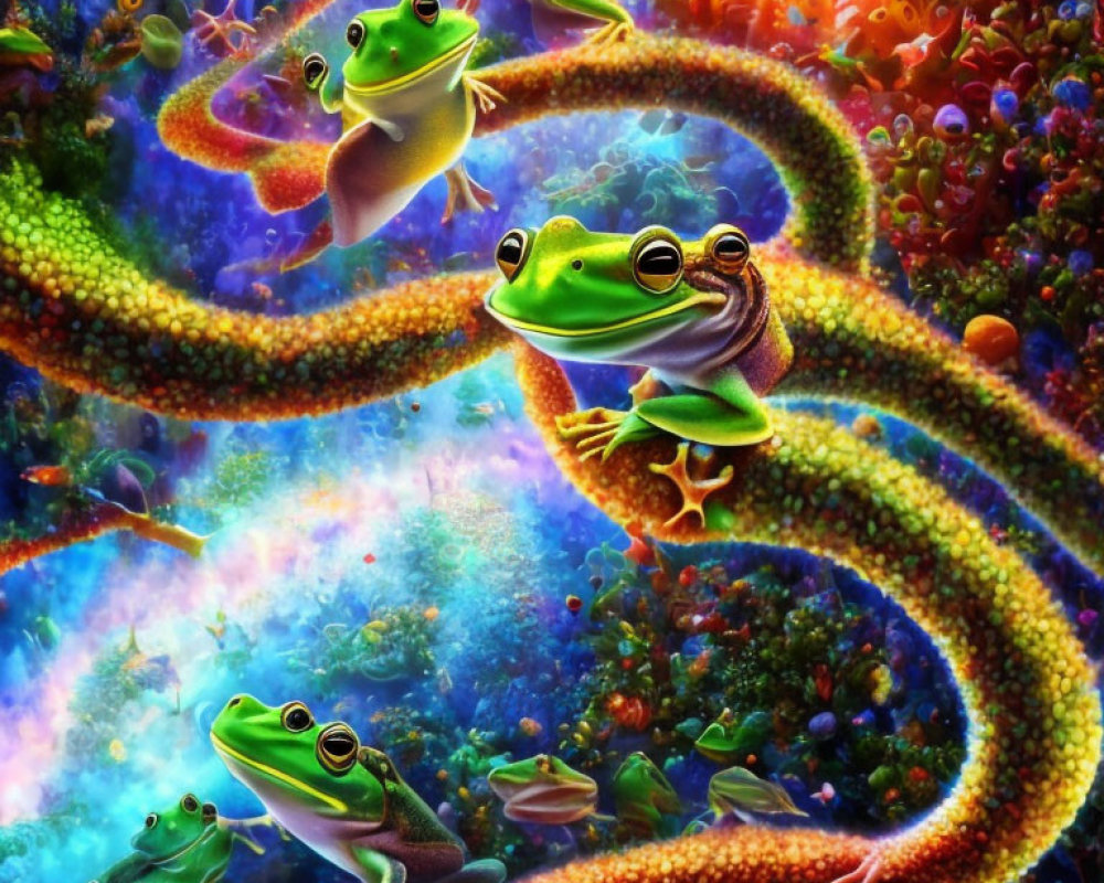 Colorful artwork: Green frogs on vines with surreal flora & radiant light.