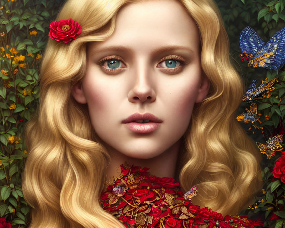 Blond woman with blue eyes in floral setting