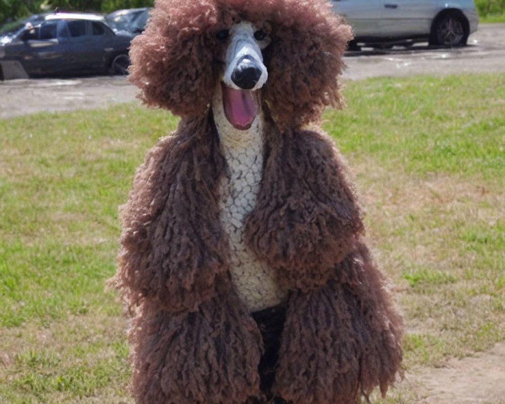 Brown curly-coated standard poodle on grass, facing camera, with cars and trees in background