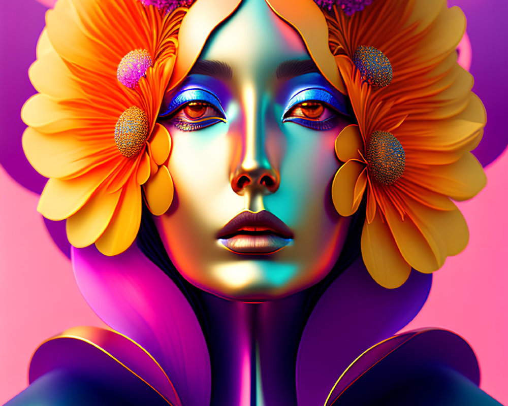 Colorful digital portrait of stylized woman with blue skin and golden eyes, surrounded by abstract floral elements