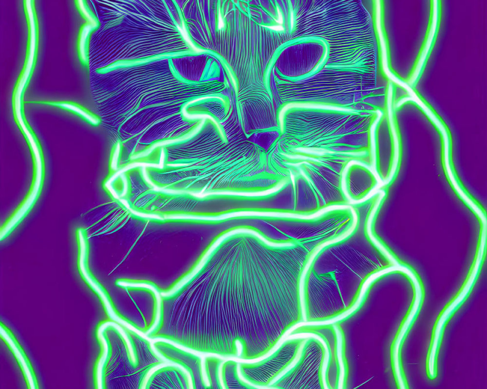 Neon-style digital artwork of two cat faces on purple background