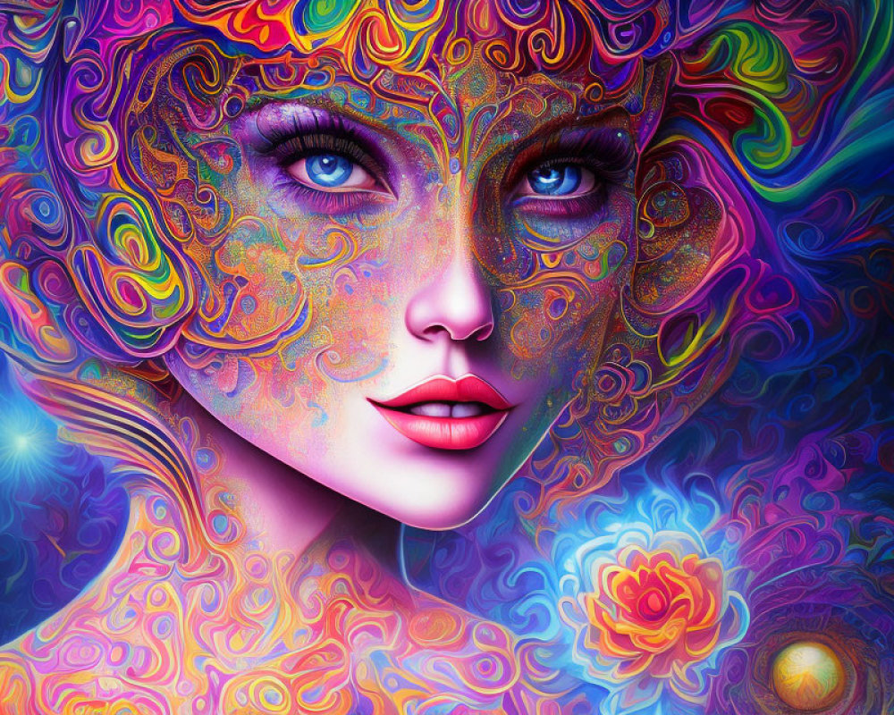 Colorful Psychedelic Digital Portrait of Woman with Starry Background