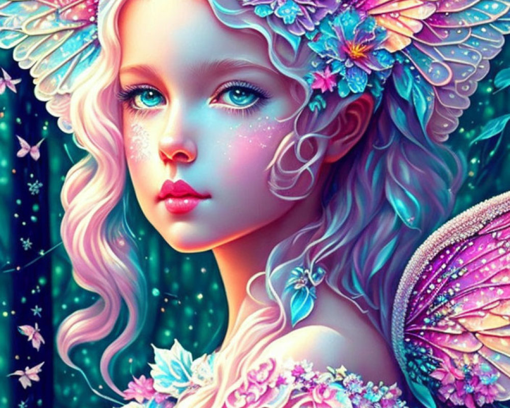 Colorful fairy with butterfly wings in starry fantasy scene