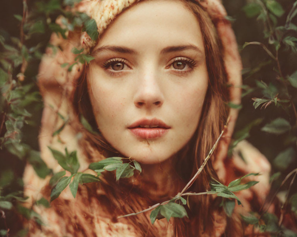 Woman in Knitted Hood Gazes Through Green Leaves