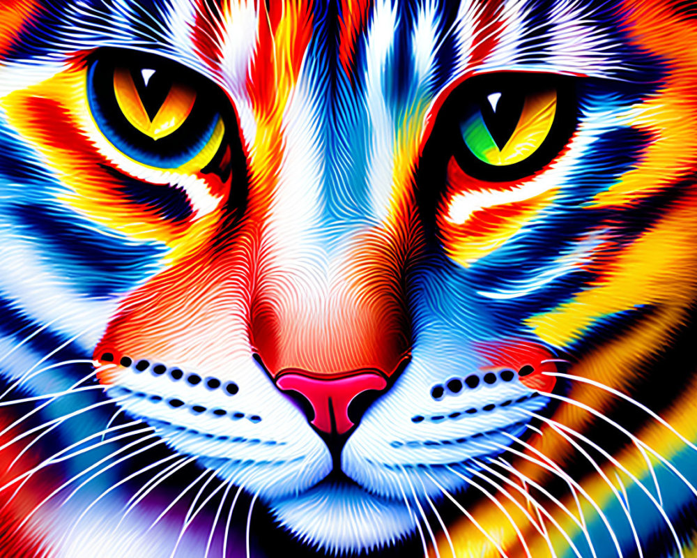 Colorful Close-Up Cat Face with Yellow Eyes in Psychedelic Style