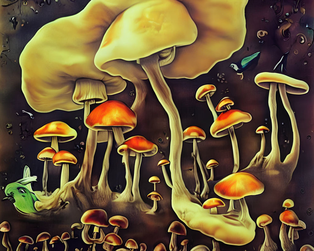 Surreal artwork: Oversized mushrooms, luminous fish, amber hues.