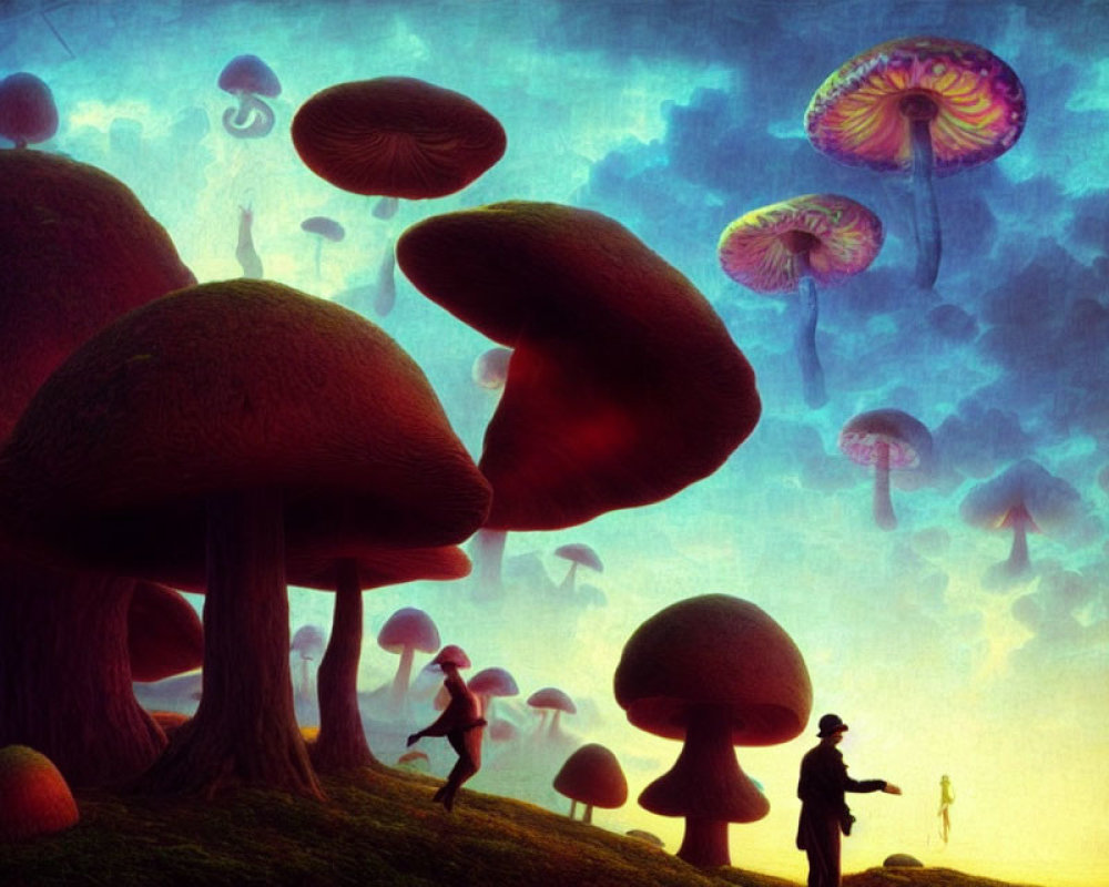 Surreal landscape with oversized mushrooms and floating jellyfish-like entities