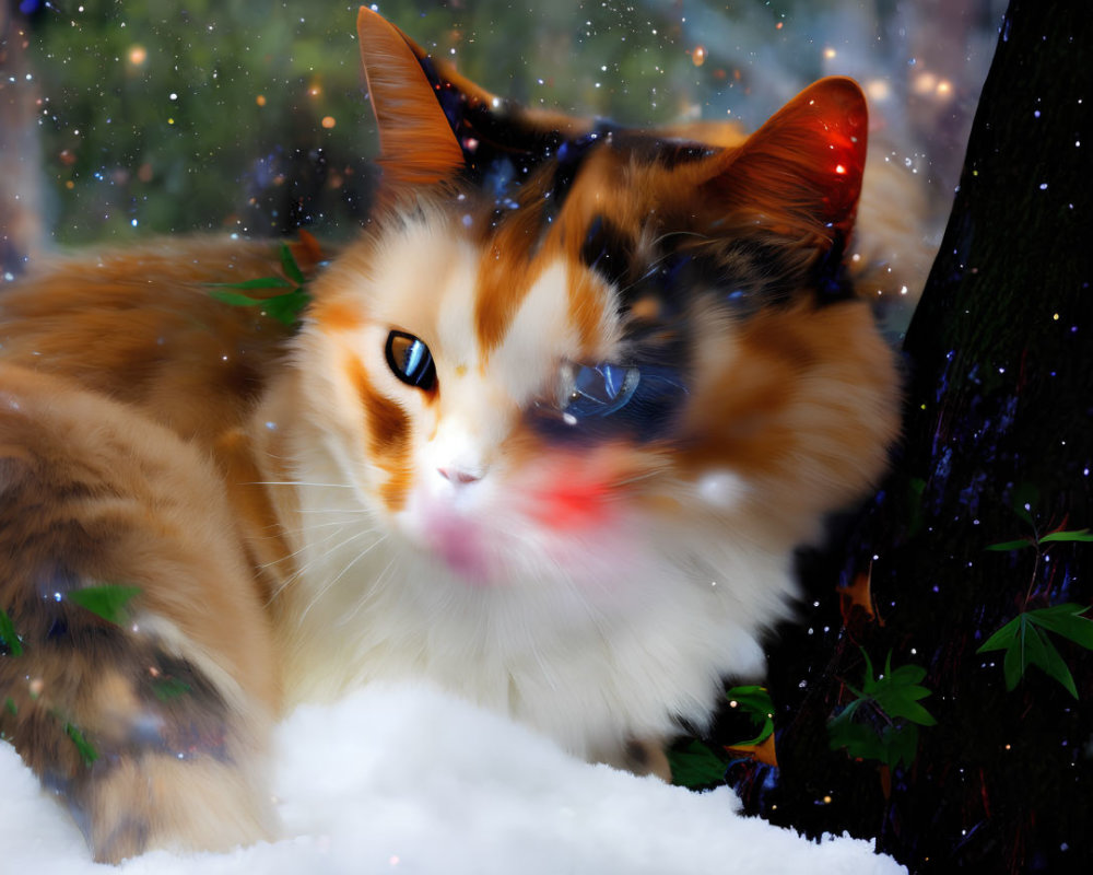 Fluffy cat with blue eyes in snowy scene next to tree