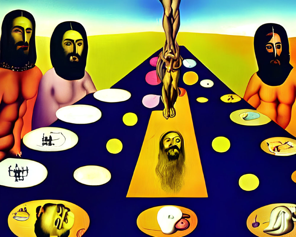 Surreal Crucifixion Scene with Stylized Figures and Symbolic Items