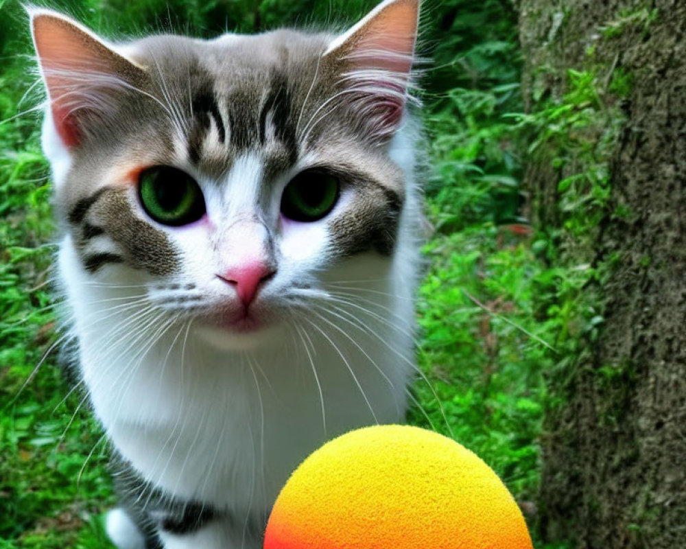 White and Grey Cat with Green Eyes and Colorful Ball in Front of Greenery