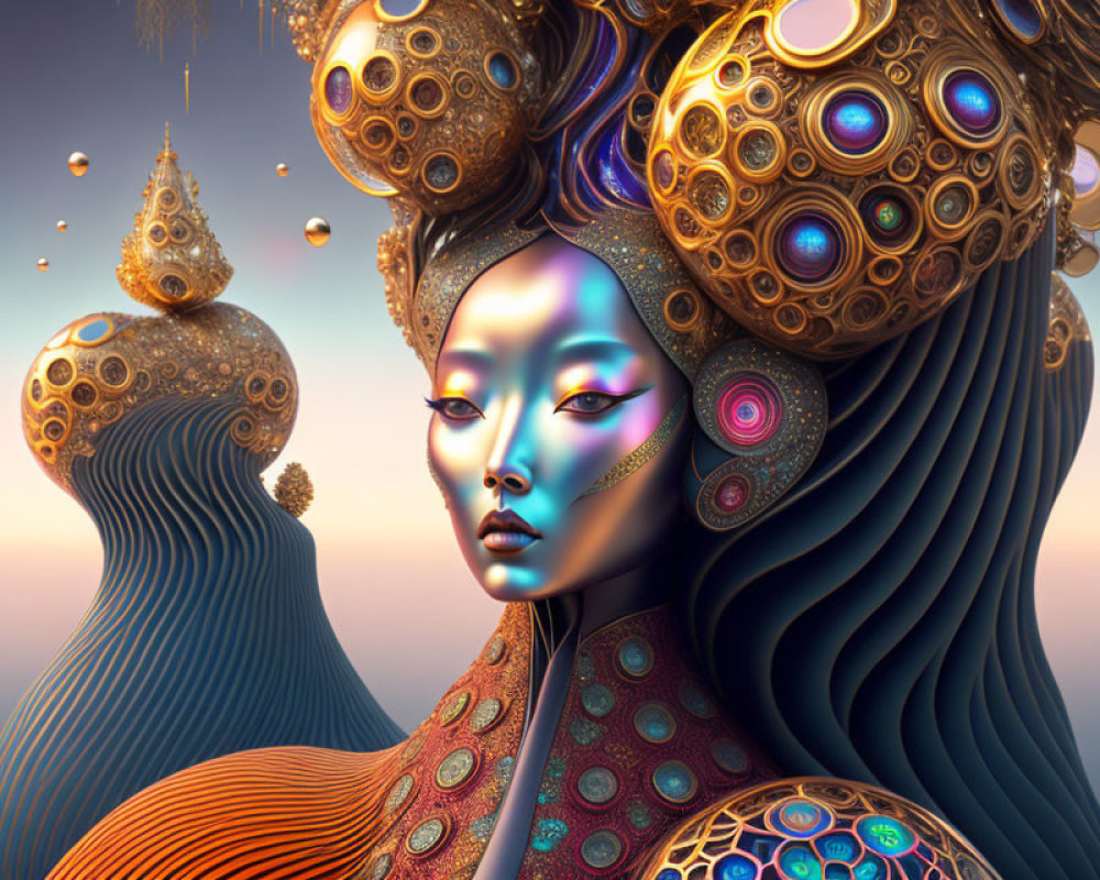 Surreal portrait of woman in intricate headpiece and gown in blues, golds, and pur
