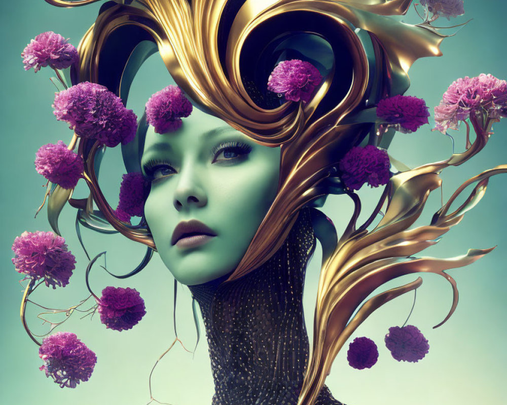 Surreal portrait of woman with green skin and golden headdress