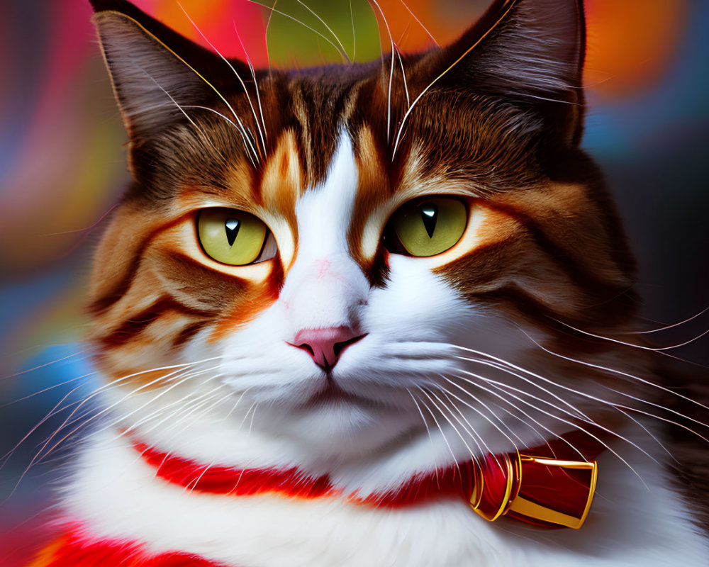 Tricolor cat with green eyes and red collar on vibrant background